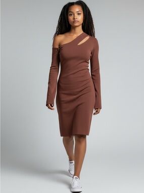 Nanushka Asymmetric Cold Shoulder Draped Sleeve Knit Mini Dress Mauve Bodycon